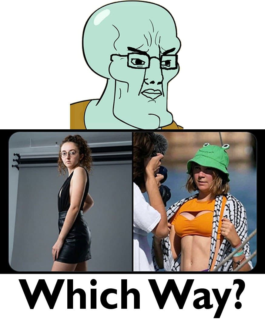 Chudsome Squidjak 'Which Way?' meme above two diverging photos