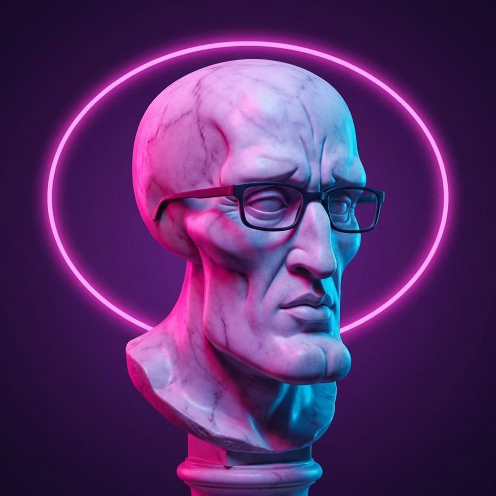 Marble bust of Chudsome Squidjak with glasses, lit pink and blue inside a neon ring