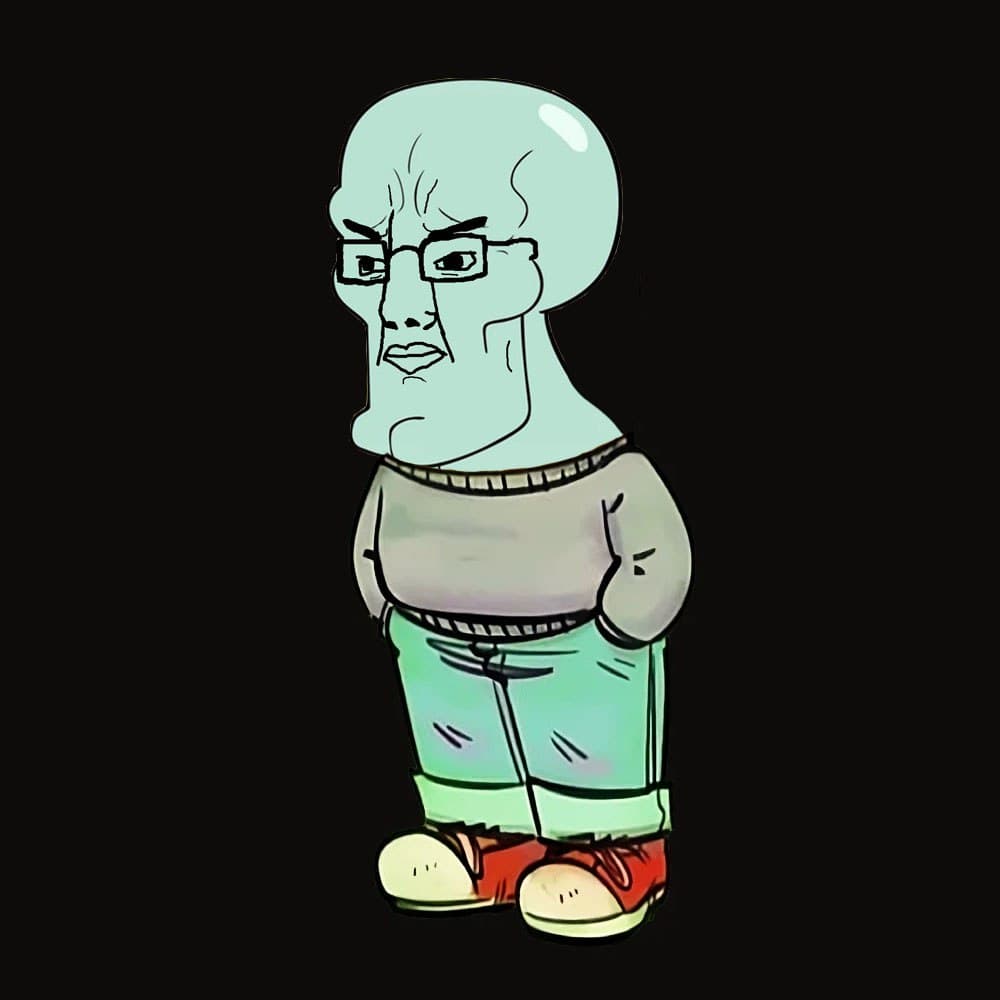 Full-body Chudsome Squidjak in a sweater and jeans on black