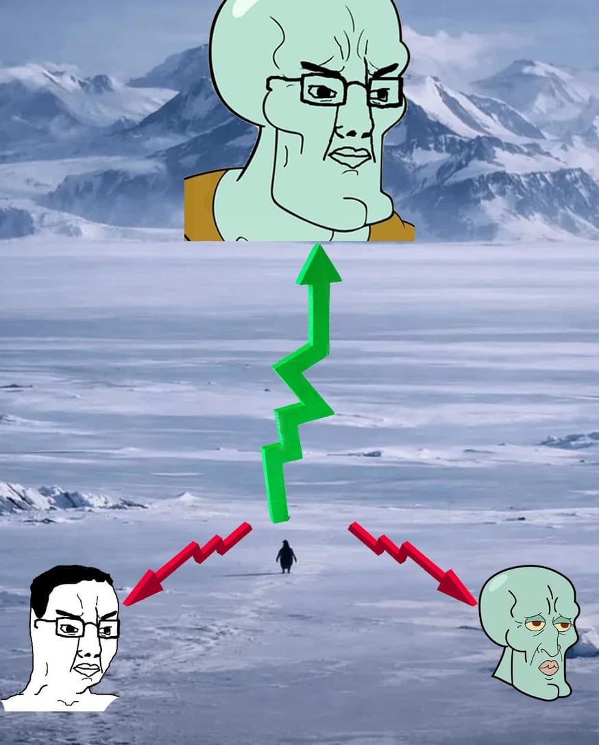 Chudsome Squidjak as the rising green arrow in a two-paths meme over an icy plain