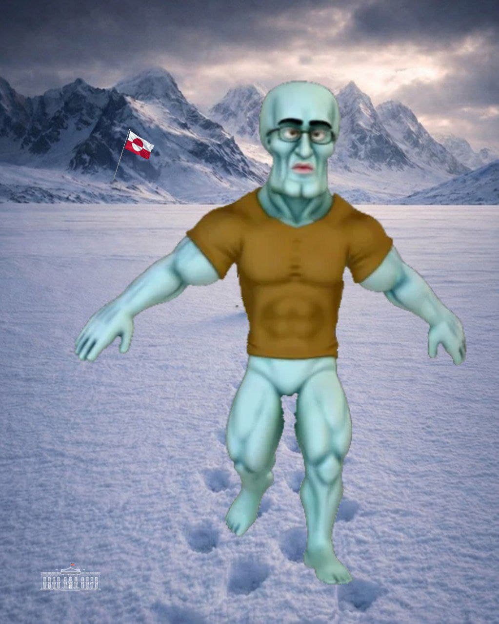 Full-body Chudsome Squidjak figure on a snowfield under a Greenland flag