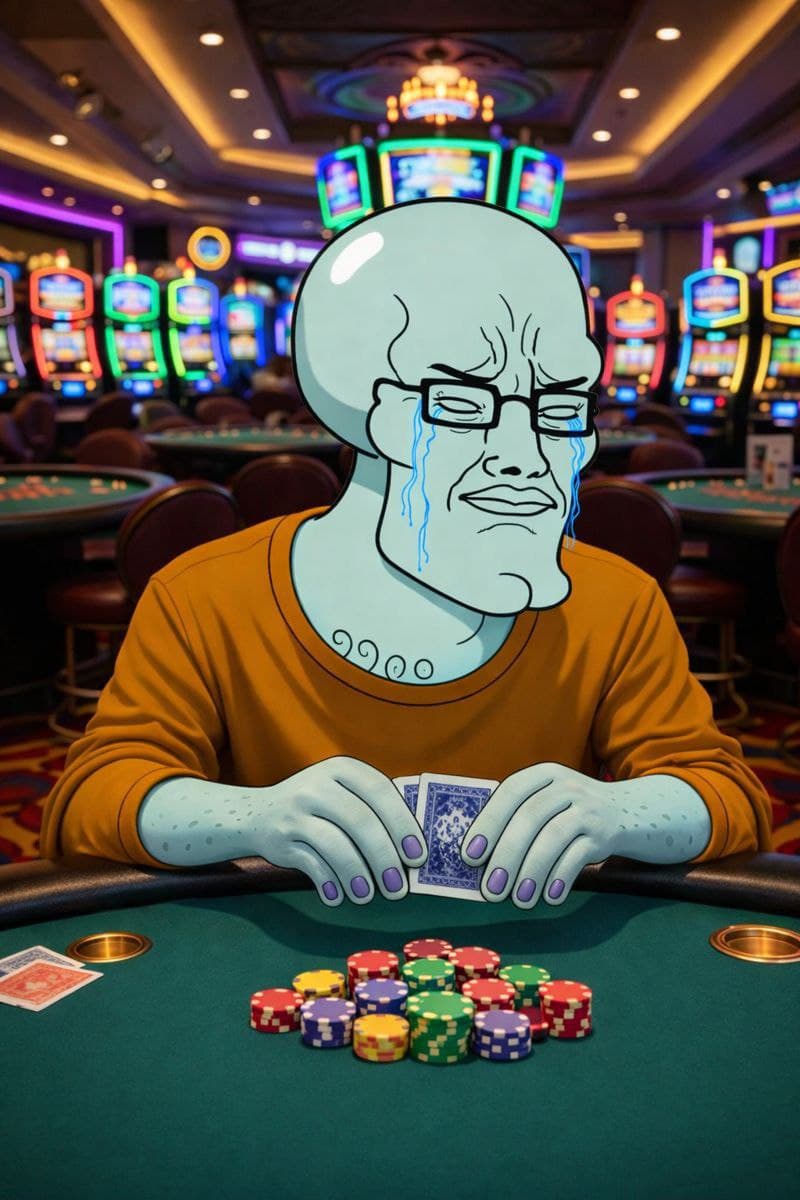 Chudsome Squidjak crying at a casino poker table