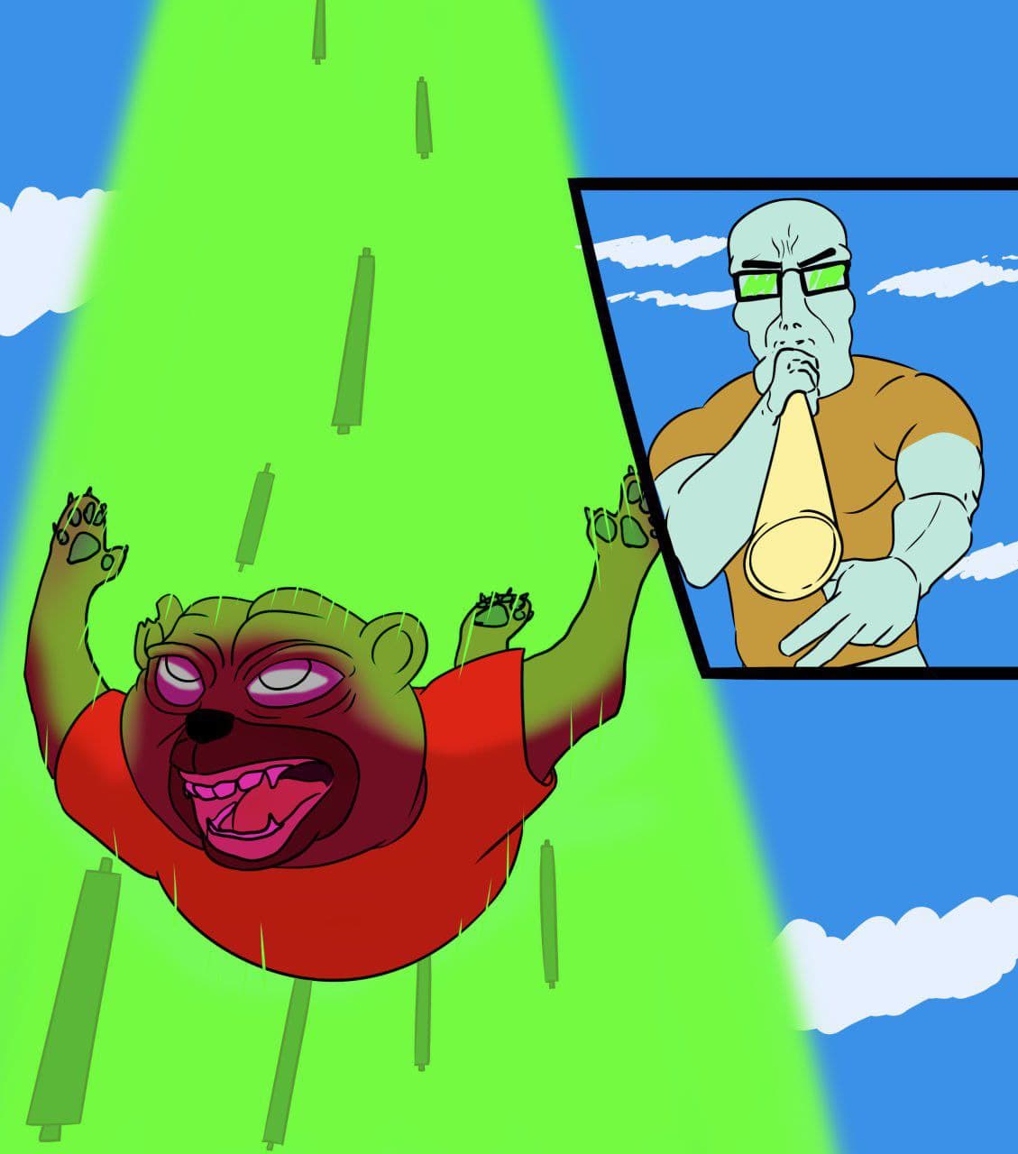 Puffer-jacket Chudsome Squidjak blows a candlestick chart upward as a bear tumbles
