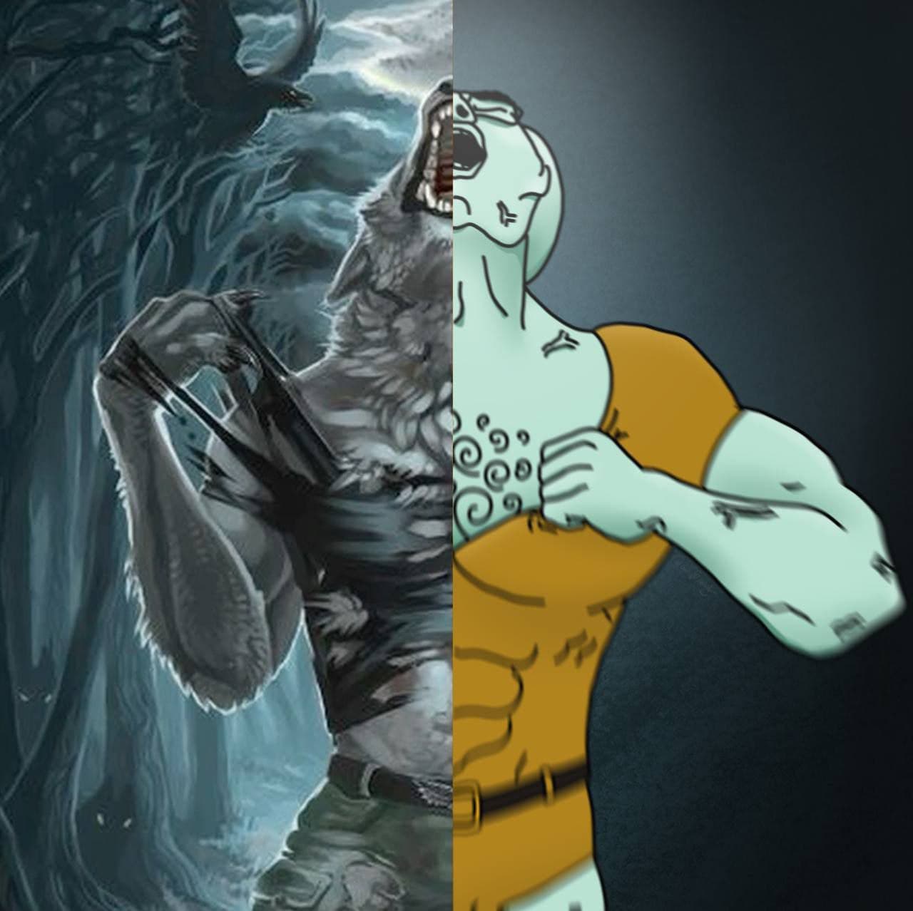 Split 'inner beast' meme — a werewolf on one side, a muscular Chudsome Squidjak on the other
