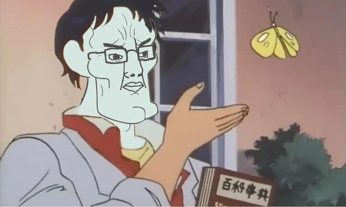 Chudsome Squidjak in the 'is this a pigeon?' anime meme, gesturing at a moth