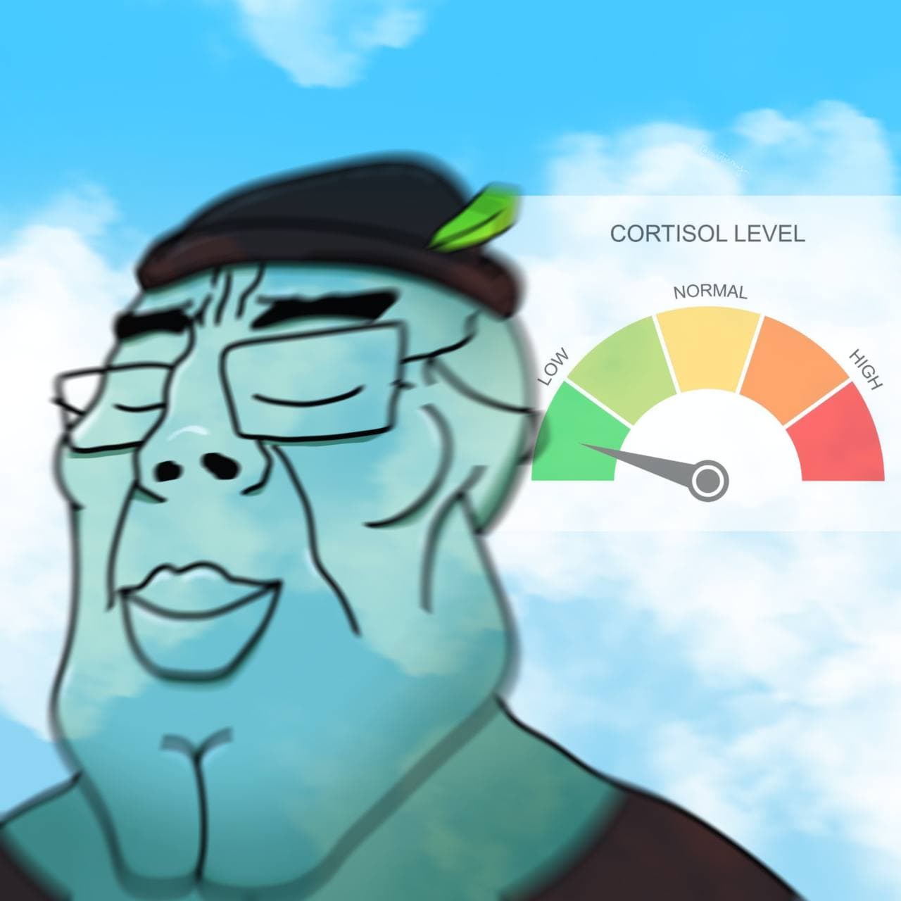 Chudsome Squidjak beside a gauge reading 'cortisol level: low'