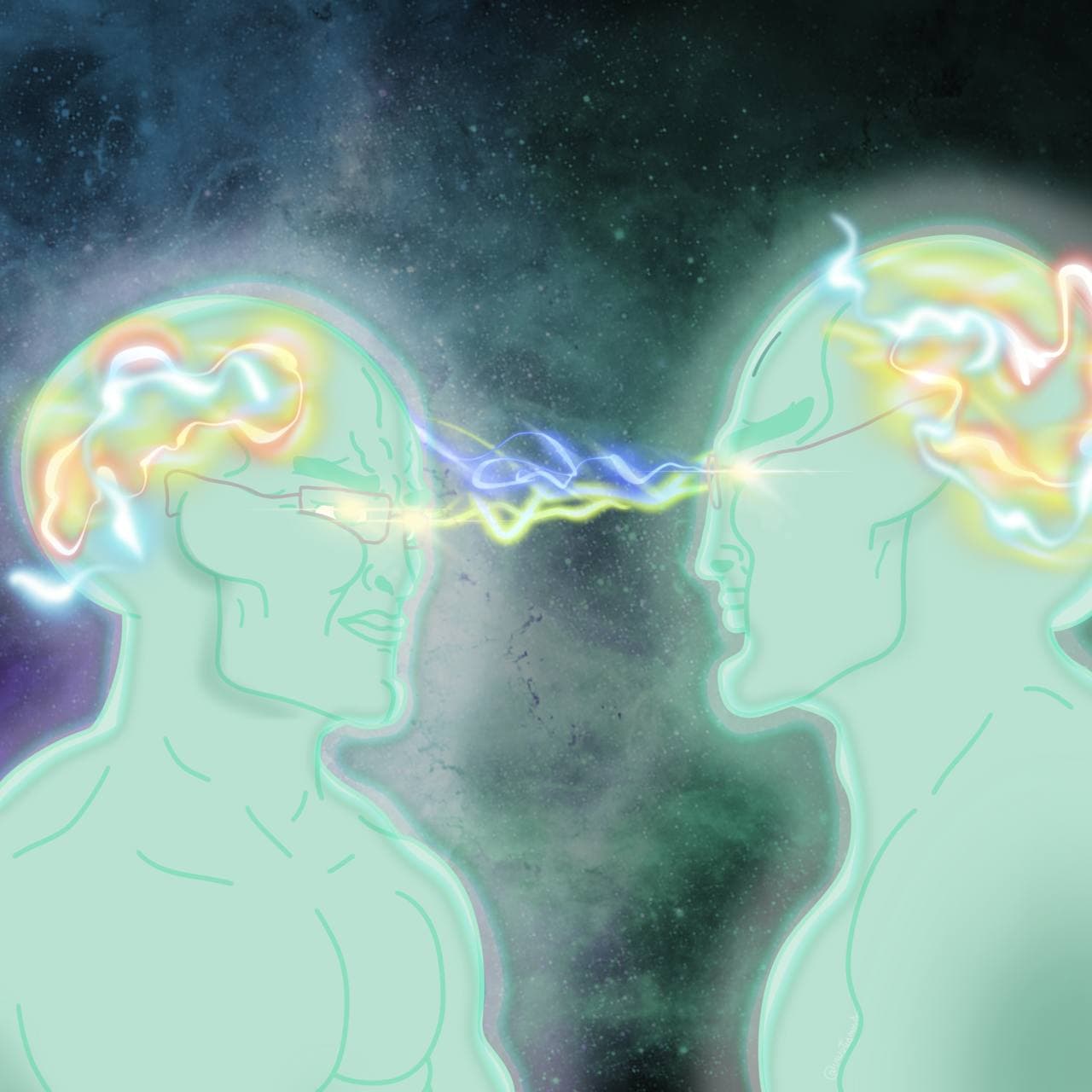 Two glowing figures with a cosmic energy arc between their heads