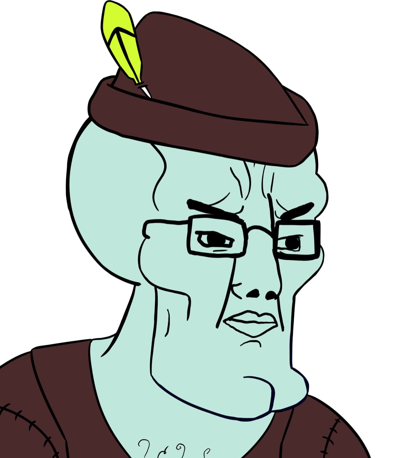 Chudsome Squidjak portrait — beret with a green feather, on white