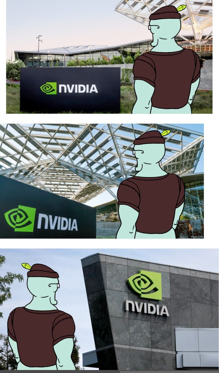 Three-panel comic: Chudsome Squidjak visits NVIDIA headquarters